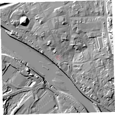 Shaded relief map of the ground around EX311AH, computed from Environment Agency LiDAR. The ground here sits at about 5 m above sea level and falls 21 m across the surrounding 800 m. Surface water reaching this point runs off ground lying to the north-north-west, 3.8 m higher.