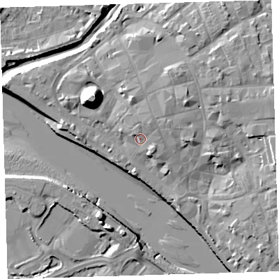 Shaded relief map of the ground around EX311BA, computed from Environment Agency LiDAR. The ground here sits at about 7 m above sea level and falls 21 m across the surrounding 800 m. Surface water reaching this point runs off ground lying to the north-east, 2.3 m higher.