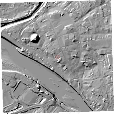 Shaded relief map of the ground around EX311BD, computed from Environment Agency LiDAR. The ground here sits at about 7 m above sea level and falls 21 m across the surrounding 800 m. Surface water reaching this point runs off ground lying to the north-north-east, 2.3 m higher.