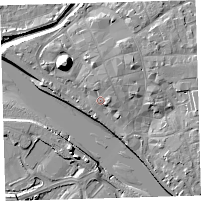 Shaded relief map of the ground around EX311BE, computed from Environment Agency LiDAR. The ground here sits at about 7 m above sea level and falls 21 m across the surrounding 800 m. Surface water reaching this point runs off ground lying to the north-north-east, 2.9 m higher.
