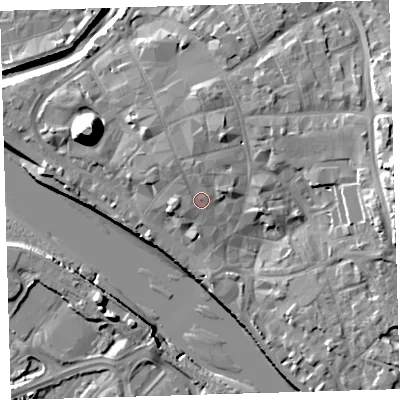 Shaded relief map of the ground around EX311BG, computed from Environment Agency LiDAR. The ground here sits at about 8 m above sea level and falls 21 m across the surrounding 800 m. Surface water reaching this point runs off ground lying to the north-north-west, 2.2 m higher.
