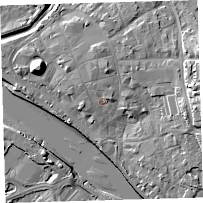 Shaded relief map of the ground around EX311BH, computed from Environment Agency LiDAR. The ground here sits at about 8 m above sea level and falls 21 m across the surrounding 800 m. Surface water reaching this point runs off ground lying to the east-north-east, 2.1 m higher.