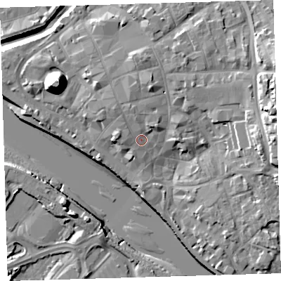 Shaded relief map of the ground around EX311BQ, computed from Environment Agency LiDAR. The ground here sits at about 7 m above sea level and falls 21 m across the surrounding 800 m. Surface water reaching this point runs off ground lying to the north-east, 2.8 m higher.