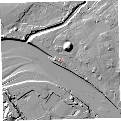 Shaded relief map of the ground around EX311DF, computed from Environment Agency LiDAR. The ground here sits at about 7 m above sea level and falls 21 m across the surrounding 800 m. Surface water reaching this point runs off ground lying to the west-north-west, 1.6 m higher.
