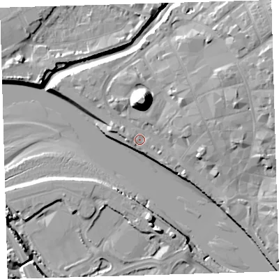 Shaded relief map of the ground around EX311DG, computed from Environment Agency LiDAR. The ground here sits at about 6 m above sea level and falls 21 m across the surrounding 800 m. Surface water reaching this point runs off ground lying to the west-north-west, 1.5 m higher.