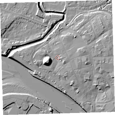 Shaded relief map of the ground around EX311DH, computed from Environment Agency LiDAR. The ground here sits at about 7 m above sea level and falls 21 m across the surrounding 800 m. Surface water reaching this point runs off ground lying to the east-south-east, 2.8 m higher.