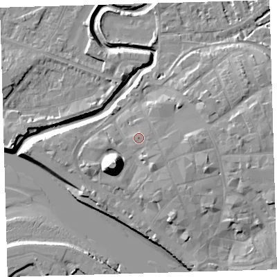 Shaded relief map of the ground around EX311DJ, computed from Environment Agency LiDAR. The ground here sits at about 8 m above sea level and falls 21 m across the surrounding 800 m. Surface water reaching this point runs off ground lying to the east, 0.7 m higher.