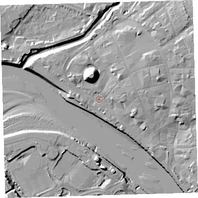 Shaded relief map of the ground around EX311DR, computed from Environment Agency LiDAR. The ground here sits at about 6 m above sea level and falls 21 m across the surrounding 800 m. Surface water reaching this point runs off ground lying to the north-north-west, 16.2 m higher.