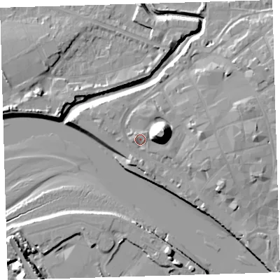 Shaded relief map of the ground around EX311DT, computed from Environment Agency LiDAR. The ground here sits at about 7 m above sea level and falls 21 m across the surrounding 800 m. Surface water reaching this point runs off ground lying to the east-north-east, 16.2 m higher.