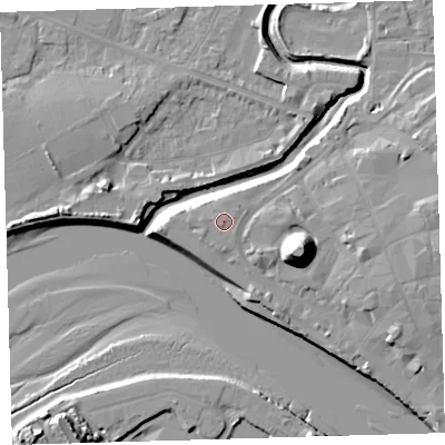 Shaded relief map of the ground around EX311DY, computed from Environment Agency LiDAR. The ground here sits at about 7 m above sea level and falls 21 m across the surrounding 800 m. Surface water reaching this point runs off ground lying to the west-north-west, 0.6 m higher.