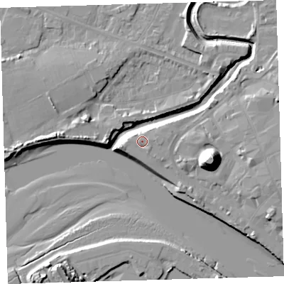 Shaded relief map of the ground around EX311EA, computed from Environment Agency LiDAR. The ground here sits at about 7 m above sea level and falls 21 m across the surrounding 800 m. Surface water reaching this point runs off ground lying to the south-south-east, 0.9 m higher.