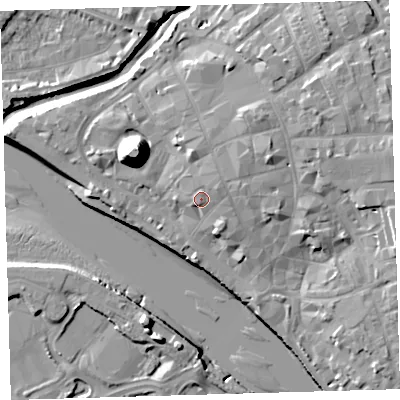 Shaded relief map of the ground around EX311EF, computed from Environment Agency LiDAR. The ground here sits at about 8 m above sea level and falls 21 m across the surrounding 800 m. Surface water reaching this point runs off ground lying to the north-east, 1.5 m higher.