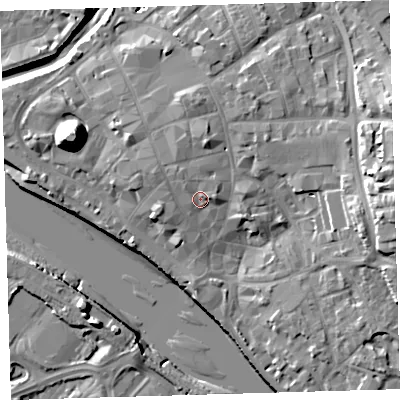 Shaded relief map of the ground around EX311EH, computed from Environment Agency LiDAR. The ground here sits at about 8 m above sea level and falls 21 m across the surrounding 800 m. Surface water reaching this point runs off ground lying to the east-north-east, 2.1 m higher.