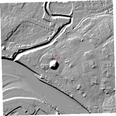 Shaded relief map of the ground around EX311EL, computed from Environment Agency LiDAR. The ground here sits at about 7 m above sea level and falls 21 m across the surrounding 800 m. Surface water reaching this point runs off ground lying to the east-north-east, 1.8 m higher.