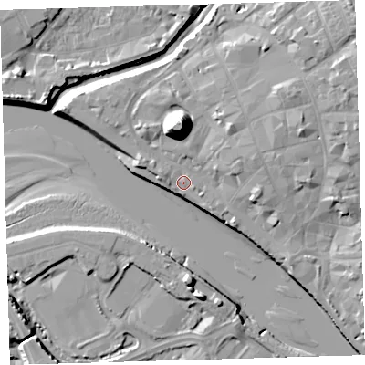 Shaded relief map of the ground around EX311ER, computed from Environment Agency LiDAR. The ground here sits at about 6 m above sea level and falls 21 m across the surrounding 800 m. Surface water reaching this point runs off ground lying to the north, 16.2 m higher.