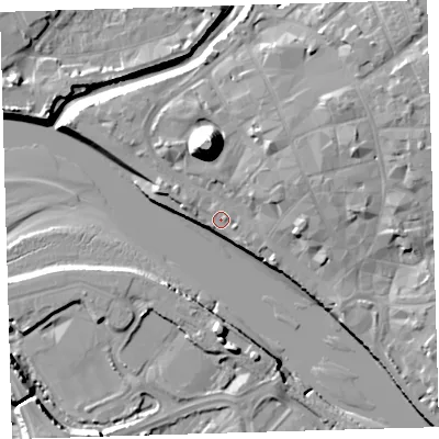 Shaded relief map of the ground around EX311ET, computed from Environment Agency LiDAR. The ground here sits at about 6 m above sea level and falls 21 m across the surrounding 800 m. Surface water reaching this point runs off ground lying to the north, 16.2 m higher.