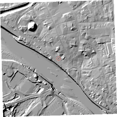 Shaded relief map of the ground around EX311EU, computed from Environment Agency LiDAR. The ground here sits at about 5 m above sea level and falls 21 m across the surrounding 800 m. Surface water reaching this point runs off ground lying to the north, 3.8 m higher.