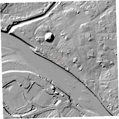 Shaded relief map of the ground around EX311EW, computed from Environment Agency LiDAR. The ground here sits at about 6 m above sea level and falls 21 m across the surrounding 800 m. Surface water reaching this point runs off ground lying to the north-east, 3.8 m higher.