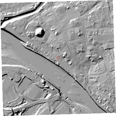 Shaded relief map of the ground around EX311EX, computed from Environment Agency LiDAR. The ground here sits at about 6 m above sea level and falls 21 m across the surrounding 800 m. Surface water reaching this point runs off ground lying to the north-north-east, 3.7 m higher.
