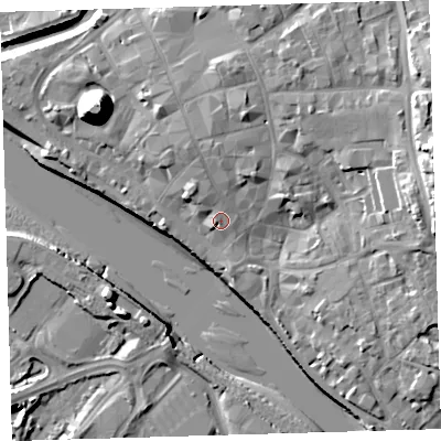 Shaded relief map of the ground around EX311EZ, computed from Environment Agency LiDAR. The ground here sits at about 7 m above sea level and falls 21 m across the surrounding 800 m. Surface water reaching this point runs off ground lying to the north-north-west, 2.0 m higher.