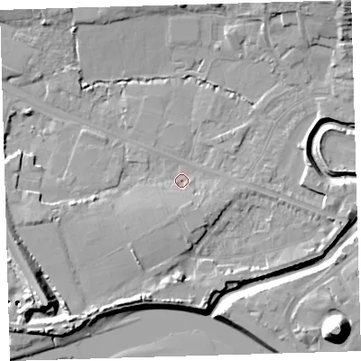 Shaded relief map of the ground around EX311GA, computed from Environment Agency LiDAR. The ground here sits at about 5 m above sea level and falls 24 m across the surrounding 800 m. Surface water reaching this point runs off ground lying to the south, 3.4 m higher.