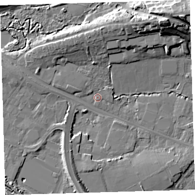 Shaded relief map of the ground around EX311GE, computed from Environment Agency LiDAR. The ground here sits at about 5 m above sea level and falls 25 m across the surrounding 800 m. Surface water reaching this point runs off ground lying to the north-west, 1.7 m higher.