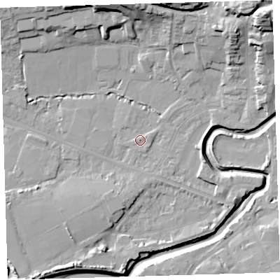 Shaded relief map of the ground around EX311GG, computed from Environment Agency LiDAR. The ground here sits at about 5 m above sea level and falls 28 m across the surrounding 800 m. Surface water reaching this point runs off ground lying to the west-south-west, 1.2 m higher.