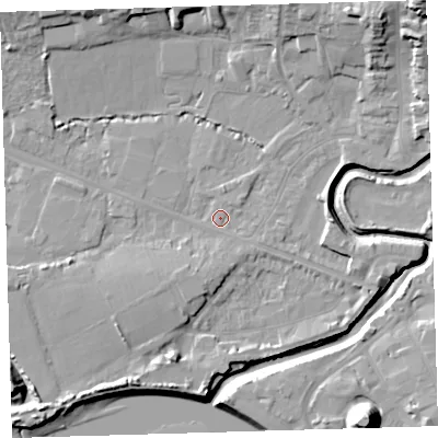 Shaded relief map of the ground around EX311GH, computed from Environment Agency LiDAR. The ground here sits at about 4 m above sea level and falls 25 m across the surrounding 800 m. Surface water reaching this point runs off ground lying to the south-east, 1.2 m higher.