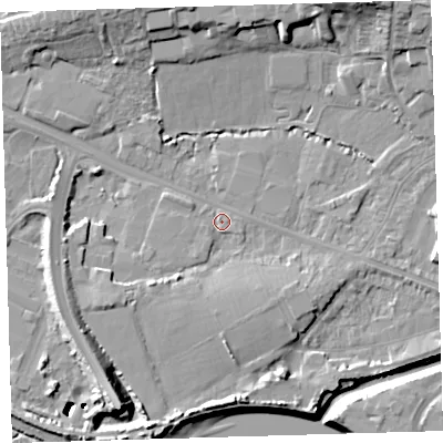 Shaded relief map of the ground around EX311GL, computed from Environment Agency LiDAR. The ground here sits at about 4 m above sea level and falls 18 m across the surrounding 800 m. Surface water reaching this point runs off ground lying to the south-south-east, 4.6 m higher.