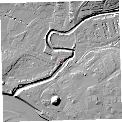 Shaded relief map of the ground around EX311GW, computed from Environment Agency LiDAR. The ground here sits at about 7 m above sea level and falls 21 m across the surrounding 800 m. Surface water reaching this point runs off ground lying to the east, 9.2 m higher.