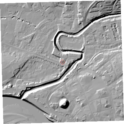 Shaded relief map of the ground around EX311GX, computed from Environment Agency LiDAR. The ground here sits at about 6 m above sea level and falls 21 m across the surrounding 800 m. Surface water reaching this point runs off ground lying to the east-south-east, 3.6 m higher.
