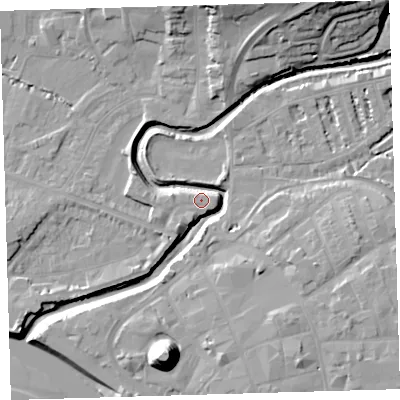 Shaded relief map of the ground around EX311GY, computed from Environment Agency LiDAR. The ground here sits at about 7 m above sea level and falls 21 m across the surrounding 800 m. Surface water reaching this point runs off ground lying to the east-south-east, 9.1 m higher.