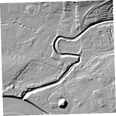Shaded relief map of the ground around EX311GZ, computed from Environment Agency LiDAR. The ground here sits at about 7 m above sea level and falls 22 m across the surrounding 800 m. Surface water reaching this point runs off ground lying to the west, 2.6 m higher.
