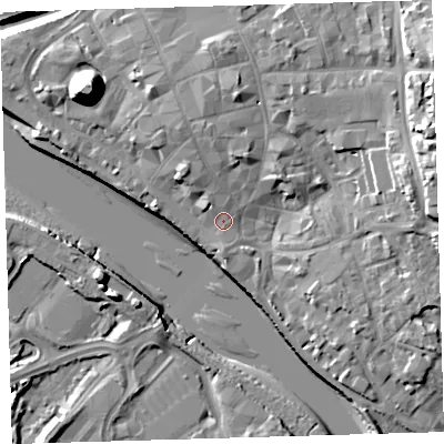 Shaded relief map of the ground around EX311HA, computed from Environment Agency LiDAR. The ground here sits at about 6 m above sea level and falls 21 m across the surrounding 800 m. Surface water reaching this point runs off ground lying to the north-north-west, 3.8 m higher.
