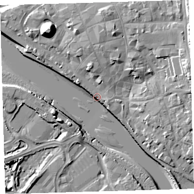 Shaded relief map of the ground around EX311HB, computed from Environment Agency LiDAR. The ground here sits at about 5 m above sea level and falls 21 m across the surrounding 800 m. Surface water reaching this point runs off ground lying to the north, 8.3 m higher.