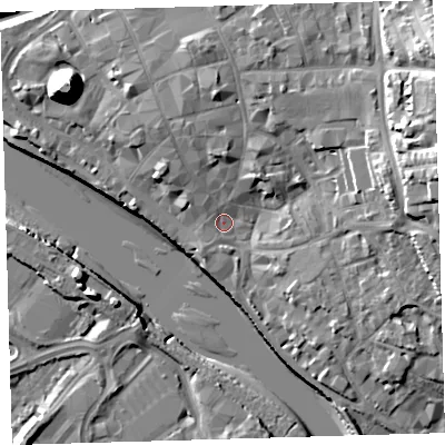 Shaded relief map of the ground around EX311HG, computed from Environment Agency LiDAR. The ground here sits at about 6 m above sea level and falls 21 m across the surrounding 800 m. Surface water reaching this point runs off ground lying to the north, 6.0 m higher.