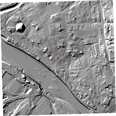 Shaded relief map of the ground around EX311HP, computed from Environment Agency LiDAR. The ground here sits at about 6 m above sea level and falls 21 m across the surrounding 800 m. Surface water reaching this point runs off ground lying to the north, 4.9 m higher.