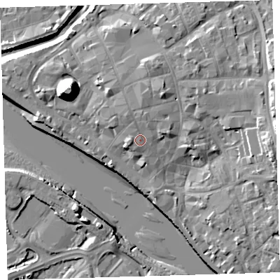 Shaded relief map of the ground around EX311HR, computed from Environment Agency LiDAR. The ground here sits at about 8 m above sea level and falls 21 m across the surrounding 800 m. Surface water reaching this point runs off ground lying to the north, 2.0 m higher.