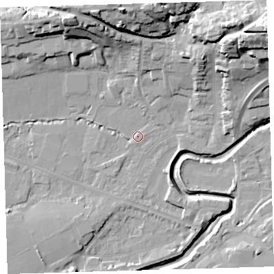 Shaded relief map of the ground around EX311HW, computed from Environment Agency LiDAR. The ground here sits at about 5 m above sea level and falls 36 m across the surrounding 800 m. Surface water reaching this point runs off ground lying to the north-east, 34.3 m higher.