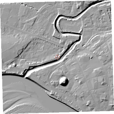 Shaded relief map of the ground around EX311JE, computed from Environment Agency LiDAR. The ground here sits at about 5 m above sea level and falls 21 m across the surrounding 800 m. Surface water reaching this point runs off ground lying to the west-south-west, 2.0 m higher.