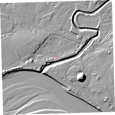 Shaded relief map of the ground around EX311JF, computed from Environment Agency LiDAR. The ground here sits at about 4 m above sea level and falls 21 m across the surrounding 800 m. Surface water reaching this point runs off ground lying to the east-north-east, 3.6 m higher.