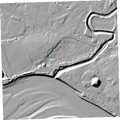Shaded relief map of the ground around EX311JG, computed from Environment Agency LiDAR. The ground here sits at about 4 m above sea level and falls 21 m across the surrounding 800 m. Surface water reaching this point runs off ground lying to the south-south-west, 4.2 m higher.