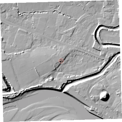 Shaded relief map of the ground around EX311JH, computed from Environment Agency LiDAR. The ground here sits at about 7 m above sea level and falls 21 m across the surrounding 800 m. Surface water reaching this point runs off ground lying to the south-west, 4.7 m higher.