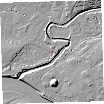 Shaded relief map of the ground around EX311JL, computed from Environment Agency LiDAR. The ground here sits at about 4 m above sea level and falls 21 m across the surrounding 800 m. Surface water reaching this point runs off ground lying to the east-north-east, 3.6 m higher.