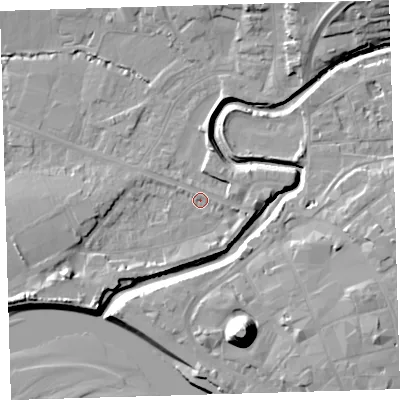 Shaded relief map of the ground around EX311JN, computed from Environment Agency LiDAR. The ground here sits at about 5 m above sea level and falls 21 m across the surrounding 800 m. Surface water reaching this point runs off ground lying to the east, 3.6 m higher.