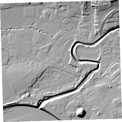 Shaded relief map of the ground around EX311JP, computed from Environment Agency LiDAR. The ground here sits at about 5 m above sea level and falls 25 m across the surrounding 800 m. Surface water reaching this point runs off ground lying to the south-west, 4.4 m higher.