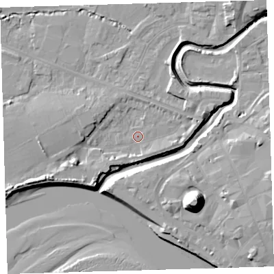 Shaded relief map of the ground around EX311JQ, computed from Environment Agency LiDAR. The ground here sits at about 4 m above sea level and falls 21 m across the surrounding 800 m. Surface water reaching this point runs off ground lying to the east-north-east, 3.7 m higher.