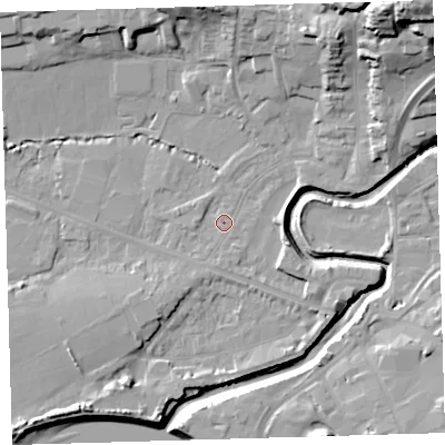 Shaded relief map of the ground around EX311JR, computed from Environment Agency LiDAR. The ground here sits at about 4 m above sea level and falls 32 m across the surrounding 800 m. Surface water reaching this point runs off ground lying to the north-east, 28.5 m higher.
