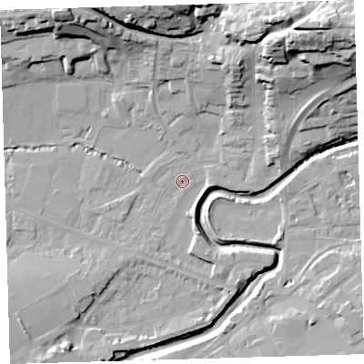 Shaded relief map of the ground around EX311JS, computed from Environment Agency LiDAR. The ground here sits at about 4 m above sea level and falls 37 m across the surrounding 800 m. Surface water reaching this point runs off ground lying to the north-east, 33.9 m higher.