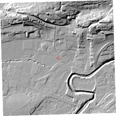 Shaded relief map of the ground around EX311JT, computed from Environment Agency LiDAR. The ground here sits at about 6 m above sea level and falls 36 m across the surrounding 800 m. Surface water reaching this point runs off ground lying to the north-east, 32.3 m higher.